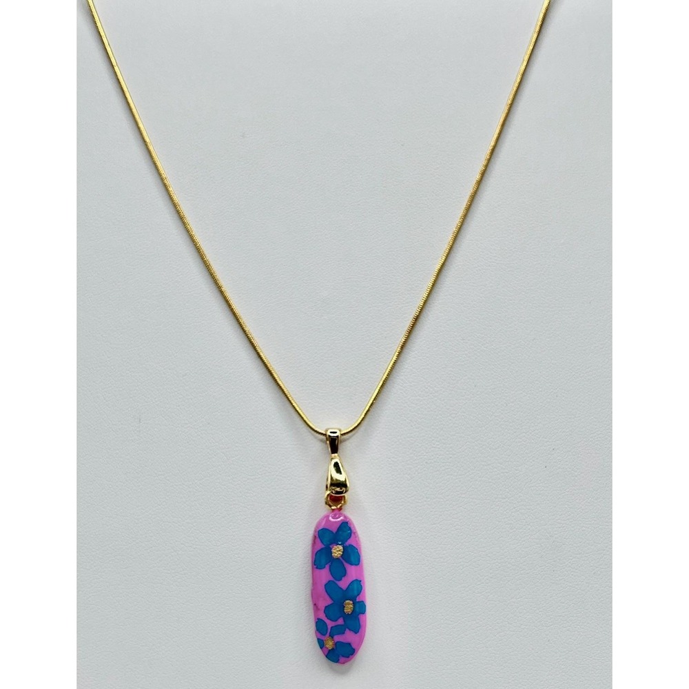 Polymer Clay Floral Bar Pendant Necklace, Boho Cottagecore Art Jewelry Colorful - Picture 4 of 5
